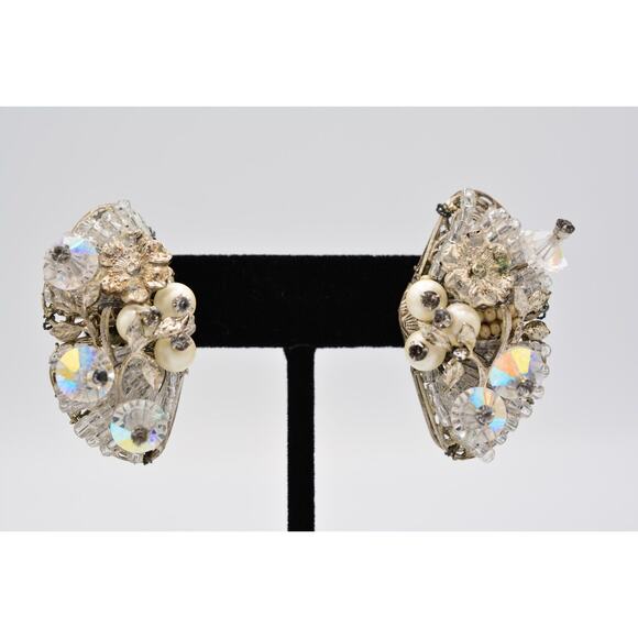 Vintage Clip Earrings Rhinestone Crystal AB Cluster Pearl Chunky 1980s BinAK - Picture 1 of 12